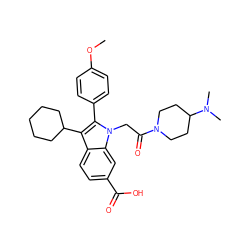 COc1ccc(-c2c(C3CCCCC3)c3ccc(C(=O)O)cc3n2CC(=O)N2CCC(N(C)C)CC2)cc1 ZINC000013646693