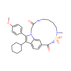 COc1ccc(-c2c(C3CCCCC3)c3ccc4cc3n2CC(=O)NCCCCN(C)S(=O)(=O)NC4=O)cc1 ZINC000084654591