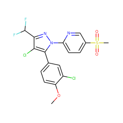 COc1ccc(-c2c(Cl)c(C(F)F)nn2-c2ccc(S(C)(=O)=O)cn2)cc1Cl ZINC000013588366