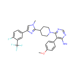 COc1ccc(-c2c(N)ncnc2N2CCC(c3nc(-c4ccc(F)c(C(F)(F)F)c4)cn3C)CC2)cc1 ZINC000218713485