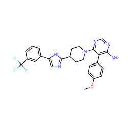 COc1ccc(-c2c(N)ncnc2N2CCC(c3ncc(-c4cccc(C(F)(F)F)c4)[nH]3)CC2)cc1 ZINC000219102647