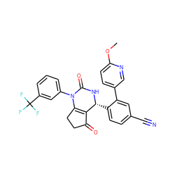 COc1ccc(-c2cc(C#N)ccc2[C@H]2NC(=O)N(c3cccc(C(F)(F)F)c3)C3=C2C(=O)CC3)cn1 ZINC001772631038