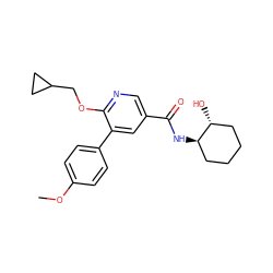 COc1ccc(-c2cc(C(=O)N[C@@H]3CCCC[C@H]3O)cnc2OCC2CC2)cc1 ZINC000103247922