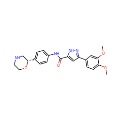 COc1ccc(-c2cc(C(=O)Nc3ccc([C@H]4CNCCO4)cc3)[nH]n2)cc1OC ZINC000150189152