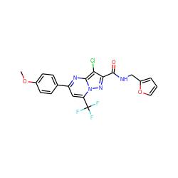 COc1ccc(-c2cc(C(F)(F)F)n3nc(C(=O)NCc4ccco4)c(Cl)c3n2)cc1 ZINC000000848552