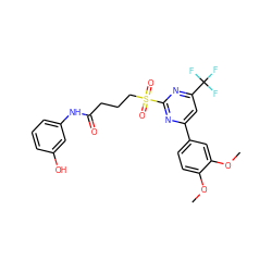 COc1ccc(-c2cc(C(F)(F)F)nc(S(=O)(=O)CCCC(=O)Nc3cccc(O)c3)n2)cc1OC ZINC000003655078