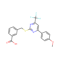 COc1ccc(-c2cc(C(F)(F)F)nc(SCc3cccc(C(=O)O)c3)n2)cc1 ZINC000008666831