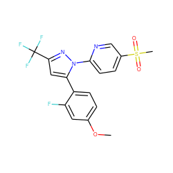 COc1ccc(-c2cc(C(F)(F)F)nn2-c2ccc(S(C)(=O)=O)cn2)c(F)c1 ZINC000013588349