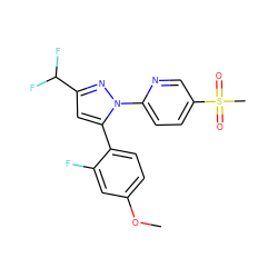 COc1ccc(-c2cc(C(F)F)nn2-c2ccc(S(C)(=O)=O)cn2)c(F)c1 ZINC000013588359