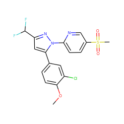 COc1ccc(-c2cc(C(F)F)nn2-c2ccc(S(C)(=O)=O)cn2)cc1Cl ZINC000013588358