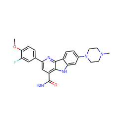 COc1ccc(-c2cc(C(N)=O)c3[nH]c4cc(N5CCN(C)CC5)ccc4c3n2)cc1F ZINC000113199590