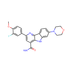 COc1ccc(-c2cc(C(N)=O)c3[nH]c4cc(N5CCOCC5)ccc4c3n2)cc1F ZINC000113205085