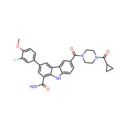 COc1ccc(-c2cc(C(N)=O)c3[nH]c4ccc(C(=O)N5CCN(C(=O)C6CC6)CC5)cc4c3c2)cc1F ZINC000113207787