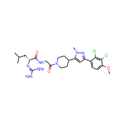 COc1ccc(-c2cc(C3CCN(C(=O)CNC(=O)[C@@H](CC(C)C)N=C(N)N)CC3)n(C)n2)c(Cl)c1Cl ZINC000026836952