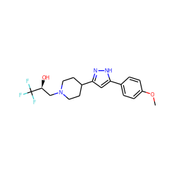 COc1ccc(-c2cc(C3CCN(C[C@H](O)C(F)(F)F)CC3)n[nH]2)cc1 ZINC000004025217