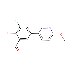 COc1ccc(-c2cc(F)c(O)c(C=O)c2)cn1 ZINC000169699601