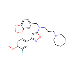 COc1ccc(-c2cc(N(CCCN3CCCCCC3)Cc3ccc4c(c3)OCO4)on2)cc1F ZINC000013437560