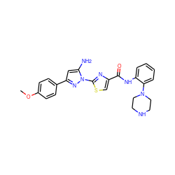 COc1ccc(-c2cc(N)n(-c3nc(C(=O)Nc4ccccc4N4CCNCC4)cs3)n2)cc1 ZINC000096269616