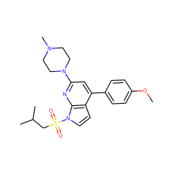 COc1ccc(-c2cc(N3CCN(C)CC3)nc3c2ccn3S(=O)(=O)CC(C)C)cc1 ZINC000653854476