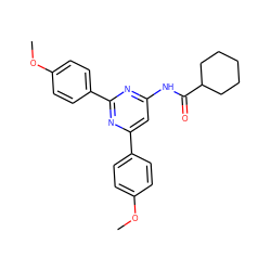 COc1ccc(-c2cc(NC(=O)C3CCCCC3)nc(-c3ccc(OC)cc3)n2)cc1 ZINC000066099726