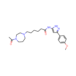 COc1ccc(-c2cc(NC(=O)CCCCCN3CCCN(C(C)=O)CC3)[nH]n2)cc1 ZINC000095577539