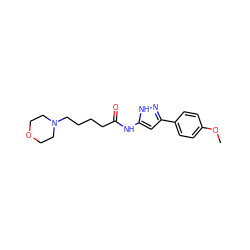 COc1ccc(-c2cc(NC(=O)CCCCN3CCOCC3)[nH]n2)cc1 ZINC000084740982