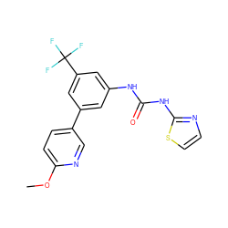 COc1ccc(-c2cc(NC(=O)Nc3nccs3)cc(C(F)(F)F)c2)cn1 ZINC000653702392