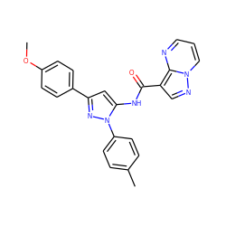 COc1ccc(-c2cc(NC(=O)c3cnn4cccnc34)n(-c3ccc(C)cc3)n2)cc1 ZINC000145860632