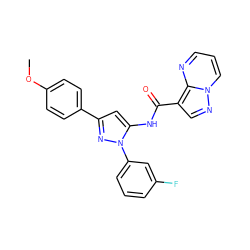 COc1ccc(-c2cc(NC(=O)c3cnn4cccnc34)n(-c3cccc(F)c3)n2)cc1 ZINC000145865366