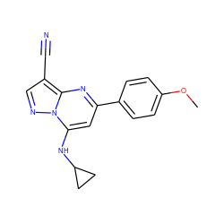 COc1ccc(-c2cc(NC3CC3)n3ncc(C#N)c3n2)cc1 ZINC000084652731