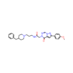 COc1ccc(-c2cc3c(=O)n(CC(=O)NCCCN4CCC(Cc5ccccc5)CC4)ncn3n2)cc1 ZINC000009727401