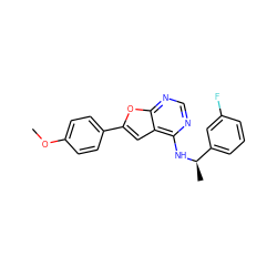 COc1ccc(-c2cc3c(N[C@H](C)c4cccc(F)c4)ncnc3o2)cc1 ZINC001772617580