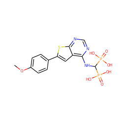 COc1ccc(-c2cc3c(NC(P(=O)(O)O)P(=O)(O)O)ncnc3s2)cc1 ZINC000103276780