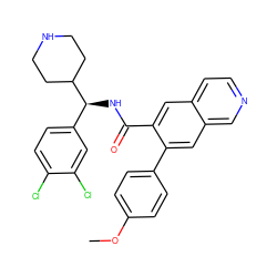 COc1ccc(-c2cc3cnccc3cc2C(=O)N[C@@H](c2ccc(Cl)c(Cl)c2)C2CCNCC2)cc1 ZINC000072179850