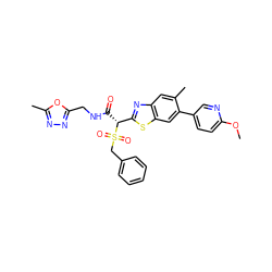 COc1ccc(-c2cc3sc([C@@H](C(=O)NCc4nnc(C)o4)S(=O)(=O)Cc4ccccc4)nc3cc2C)cn1 ZINC000146072192