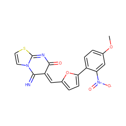 COc1ccc(-c2ccc(/C=C3/C(=N)N4C=CSC4=NC3=O)o2)c([N+](=O)[O-])c1 ZINC000005025825