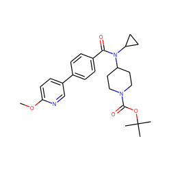 COc1ccc(-c2ccc(C(=O)N(C3CC3)C3CCN(C(=O)OC(C)(C)C)CC3)cc2)cn1 ZINC001772584966