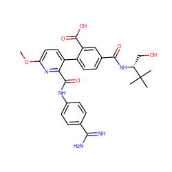 COc1ccc(-c2ccc(C(=O)N[C@H](CO)C(C)(C)C)cc2C(=O)O)c(C(=O)Nc2ccc(C(=N)N)cc2)n1 ZINC000014953429