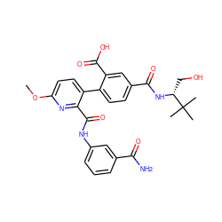 COc1ccc(-c2ccc(C(=O)N[C@H](CO)C(C)(C)C)cc2C(=O)O)c(C(=O)Nc2cccc(C(N)=O)c2)n1 ZINC000096283211