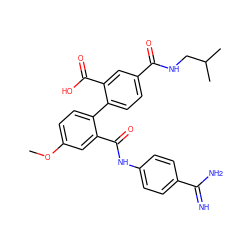 COc1ccc(-c2ccc(C(=O)NCC(C)C)cc2C(=O)O)c(C(=O)Nc2ccc(C(=N)N)cc2)c1 ZINC000045496335