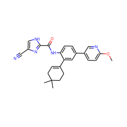 COc1ccc(-c2ccc(NC(=O)c3nc(C#N)c[nH]3)c(C3=CCC(C)(C)CC3)c2)cn1 ZINC000053313027