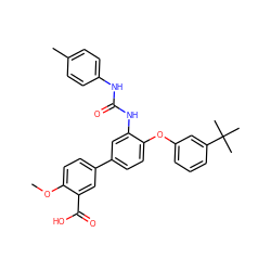 COc1ccc(-c2ccc(Oc3cccc(C(C)(C)C)c3)c(NC(=O)Nc3ccc(C)cc3)c2)cc1C(=O)O ZINC001772616705