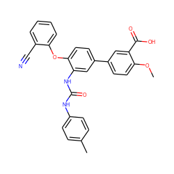 COc1ccc(-c2ccc(Oc3ccccc3C#N)c(NC(=O)Nc3ccc(C)cc3)c2)cc1C(=O)O ZINC001772598655