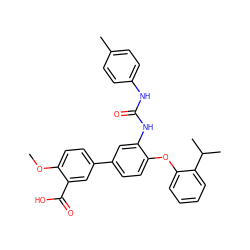 COc1ccc(-c2ccc(Oc3ccccc3C(C)C)c(NC(=O)Nc3ccc(C)cc3)c2)cc1C(=O)O ZINC001772588090