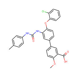 COc1ccc(-c2ccc(Oc3ccccc3Cl)c(NC(=O)Nc3ccc(C)cc3)c2)cc1C(=O)O ZINC001772583293