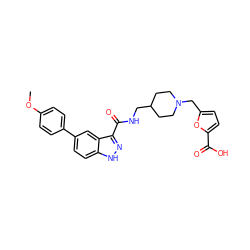 COc1ccc(-c2ccc3[nH]nc(C(=O)NCC4CCN(Cc5ccc(C(=O)O)o5)CC4)c3c2)cc1 ZINC000220769308