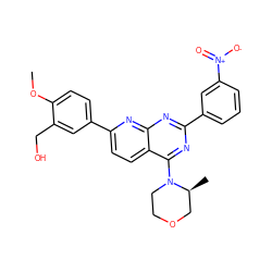 COc1ccc(-c2ccc3c(N4CCOC[C@@H]4C)nc(-c4cccc([N+](=O)[O-])c4)nc3n2)cc1CO ZINC000139423327