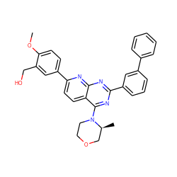 COc1ccc(-c2ccc3c(N4CCOC[C@@H]4C)nc(-c4cccc(-c5ccccc5)c4)nc3n2)cc1CO ZINC000168690242