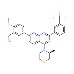 COc1ccc(-c2ccc3c(N4CCOC[C@@H]4C)nc(-c4cccc(C(F)(F)F)c4)nc3n2)cc1CO ZINC000139452519