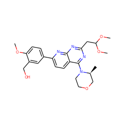 COc1ccc(-c2ccc3c(N4CCOC[C@@H]4C)nc(CC(OC)OC)nc3n2)cc1CO ZINC000205990411
